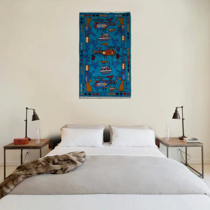 Blue Afghan War Rug 2' 7" x 3' 11" Hand-Knotted | No. AL30226