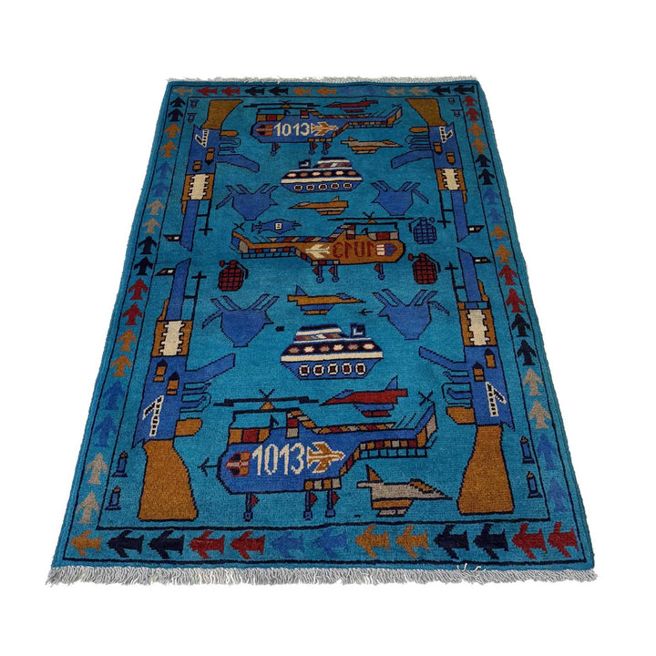Blue Afghan War Rug 2' 7" x 3' 11" Hand-Knotted | No. AL30226