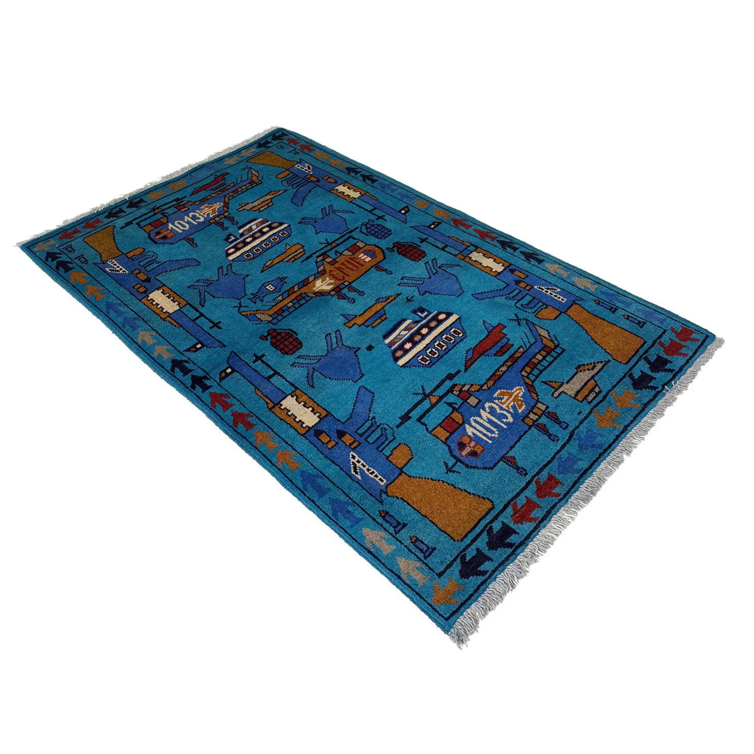Blue Afghan War Rug 2' 7" x 3' 11" Hand-Knotted | No. AL30226