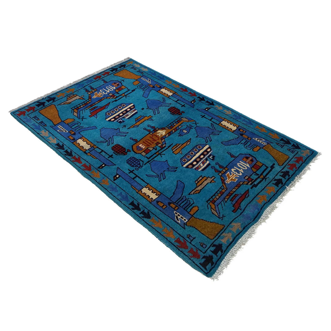 Blue Afghan War Rug 2' 7" x 3' 11" Hand-Knotted | No. AL30226