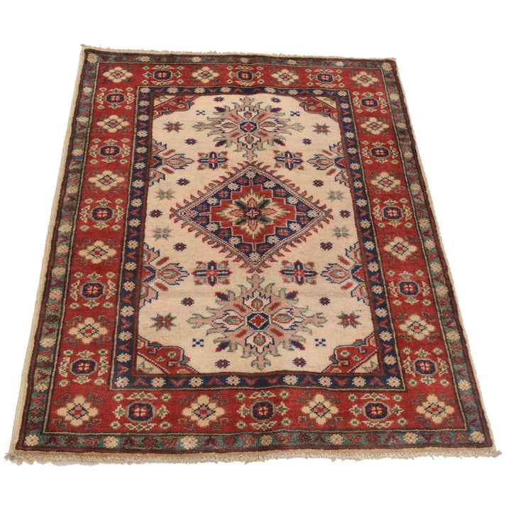 Ivory Afghan Kazak Rug 2' 7" x 3' 9" Hand-Knotted | No. AL30331