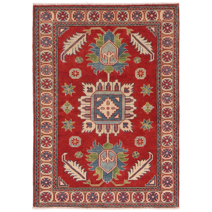 Red Afghan Kazak Rug 3' 4" x 4' 10" Hand-Knotted | No. AL30480
