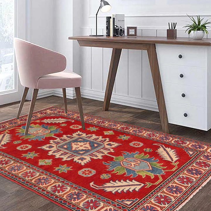 Red Afghan Kazak Rug 3' 4" x 4' 10" Hand-Knotted | No. AL30480