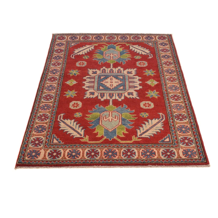 Red Afghan Kazak Rug 3' 4" x 4' 10" Hand-Knotted | No. AL30480
