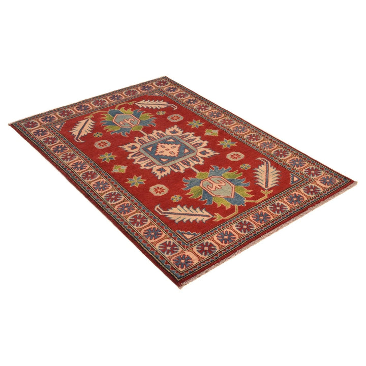 Red Afghan Kazak Rug 3' 4" x 4' 10" Hand-Knotted | No. AL30480