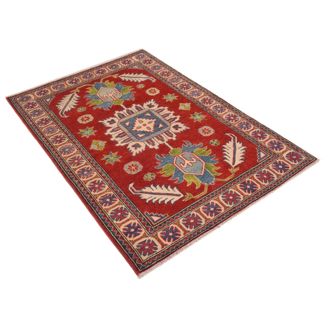 Red Afghan Kazak Rug 3' 4" x 4' 10" Hand-Knotted | No. AL30480