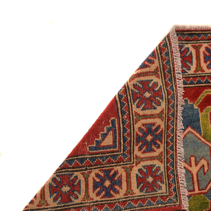 Red Afghan Kazak Rug 3' 4" x 4' 10" Hand-Knotted | No. AL30480