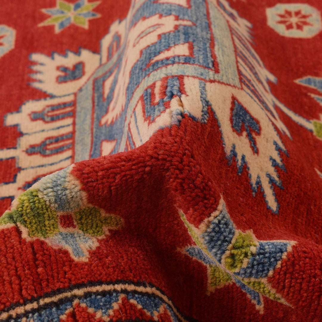 Red Afghan Kazak Rug 3' 4" x 4' 10" Hand-Knotted | No. AL30480