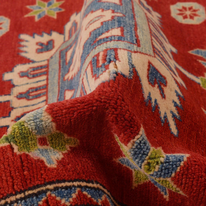 Red Afghan Kazak Rug 3' 4" x 4' 10" Hand-Knotted | No. AL30480