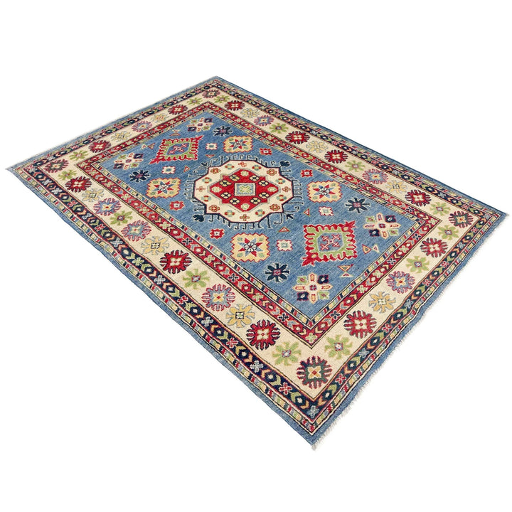 Blue Afghan Kazak Rug 3' 8" x 5' 11" Hand-Knotted | No. AL306305
