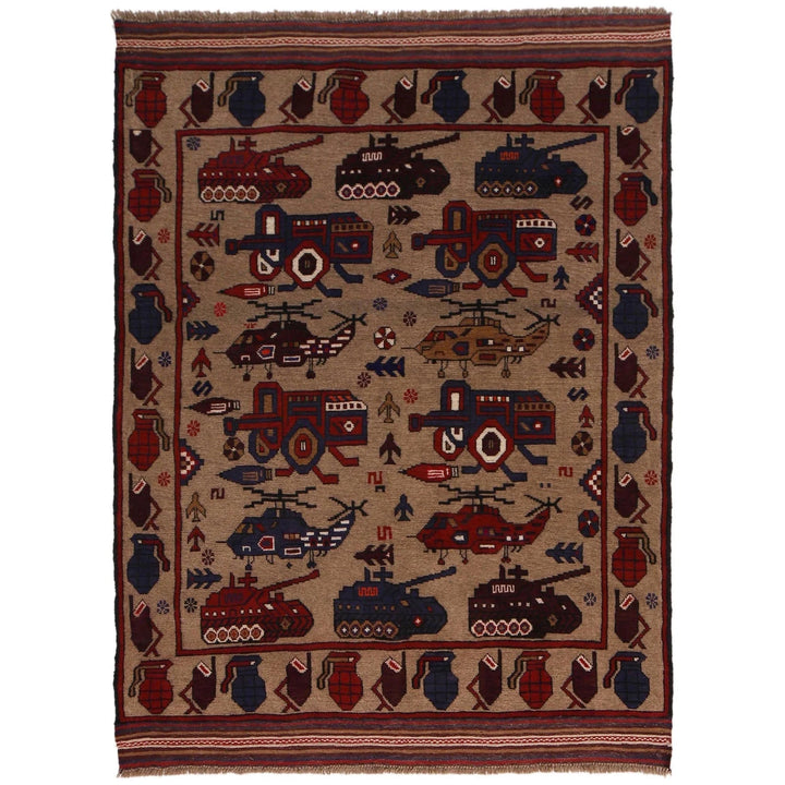 Brown Afghan War Rug 4' 6" x 6' 1" Hand-Knotted | No. AL30630