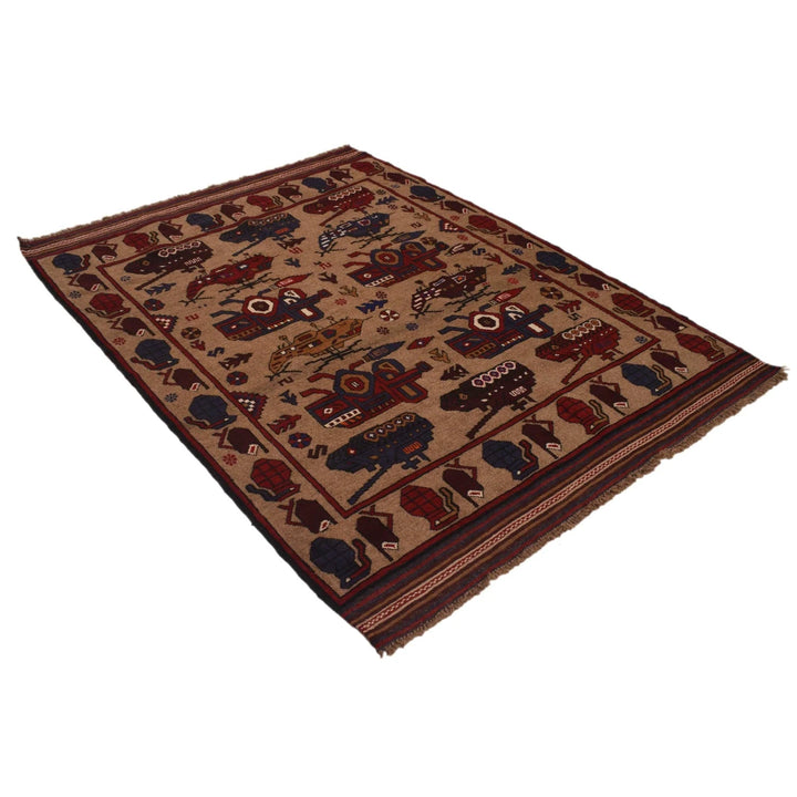 Brown Afghan War Rug 4' 6" x 6' 1" Hand-Knotted | No. AL30630