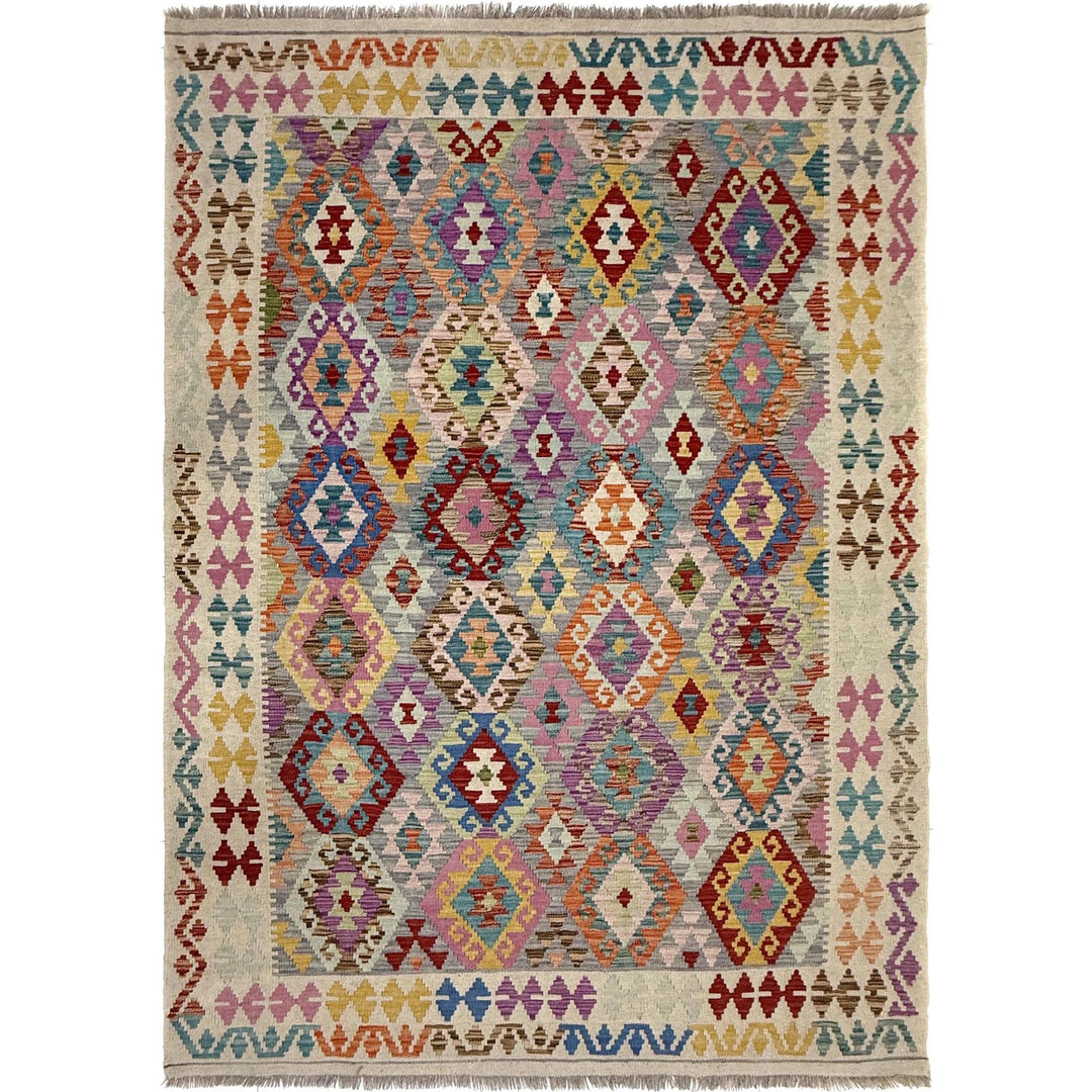 Multicolor Afghan Vegetable Kilim Rug 6' 1" x 7' 9" Flat-Weave | No. AL30721