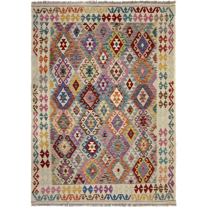 Multicolor Afghan Vegetable Kilim Rug 6' 1" x 7' 9" Flat-Weave | No. AL30721