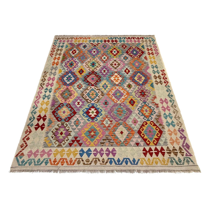 Multicolor Afghan Vegetable Kilim Rug 6' 1" x 7' 9" Flat-Weave | No. AL30721