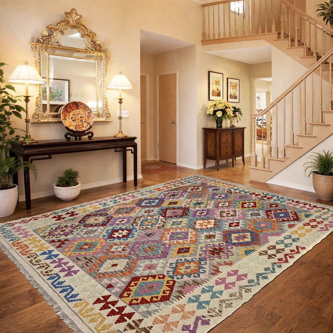 Multicolor Afghan Vegetable Kilim Rug 6' 1" x 7' 9" Flat-Weave | No. AL30721