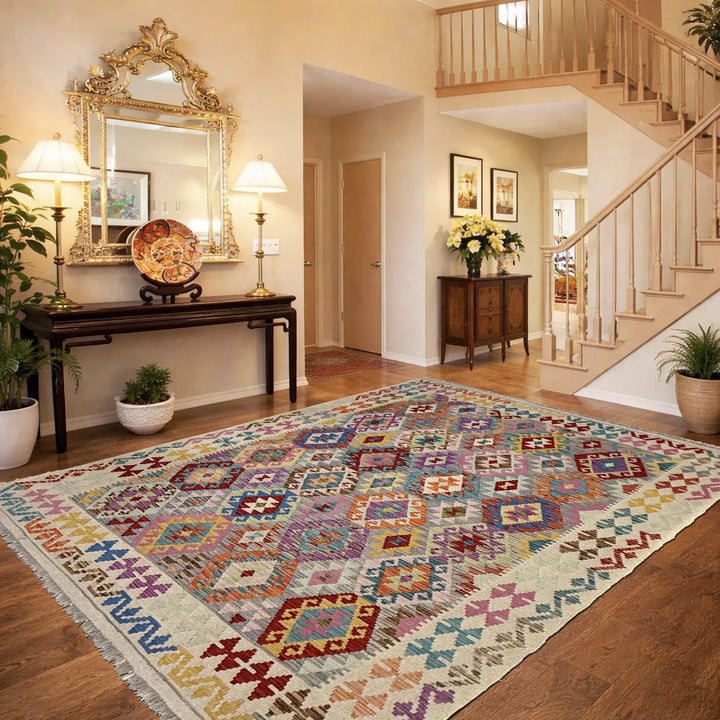 Multicolor Afghan Vegetable Kilim Rug 6' 1" x 7' 9" Flat-Weave | No. AL30721