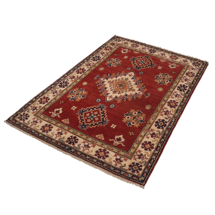 Red Afghan Kazak Rug 3' 5" x 5' 0" Hand-Knotted | No. AL30768