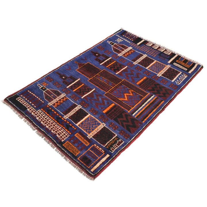 Blue Afghan Geometric Rug 2' 9" x 4' 1" Hand-Knotted | No. AL30920