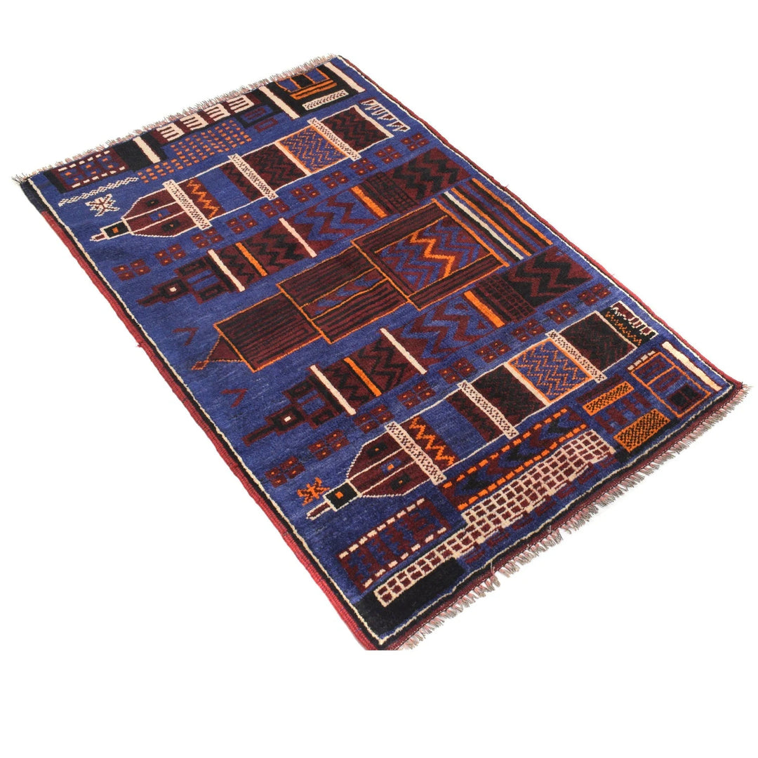 Blue Afghan Geometric Rug 2' 9" x 4' 1" Hand-Knotted | No. AL30920