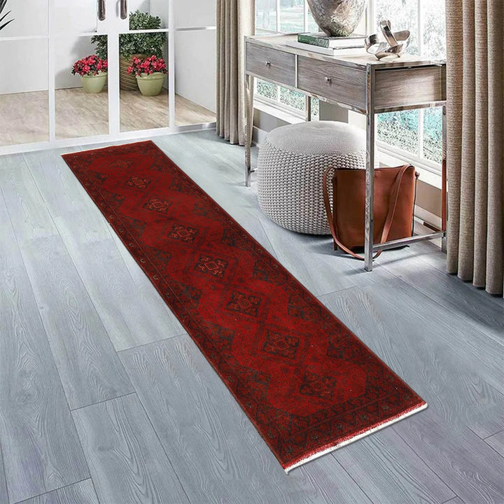 Red Afghan Khal Mohammadi Rug 2'5" x 9'7" Hand-Knotted | No. AL30934