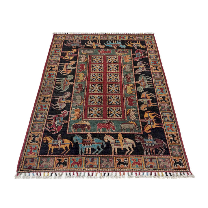 Afghan Shikargah Rug 3' 3" x 4' 10" Hand-Knotted | No. AL312549