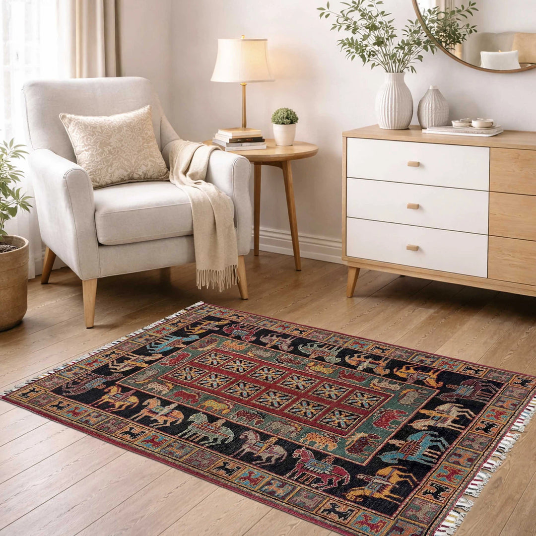 Afghan Shikargah Rug 3' 3" x 4' 10" Hand-Knotted | No. AL312549