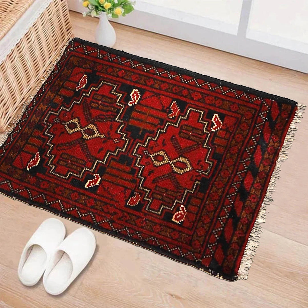 Red Afghan Oriental Doormat 1' 3" x 1' 8" Hand-Knotted | No. AL31277