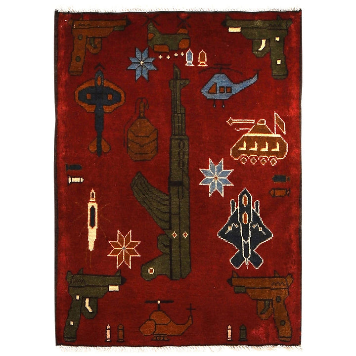 Red Afghan War Rug 2' 2" x 2' 11" Hand-Knotted | No. AL31293