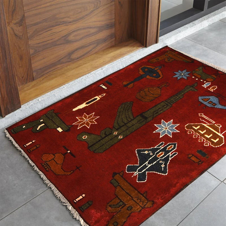 Red Afghan War Rug 2' 2" x 2' 11" Hand-Knotted | No. AL31293