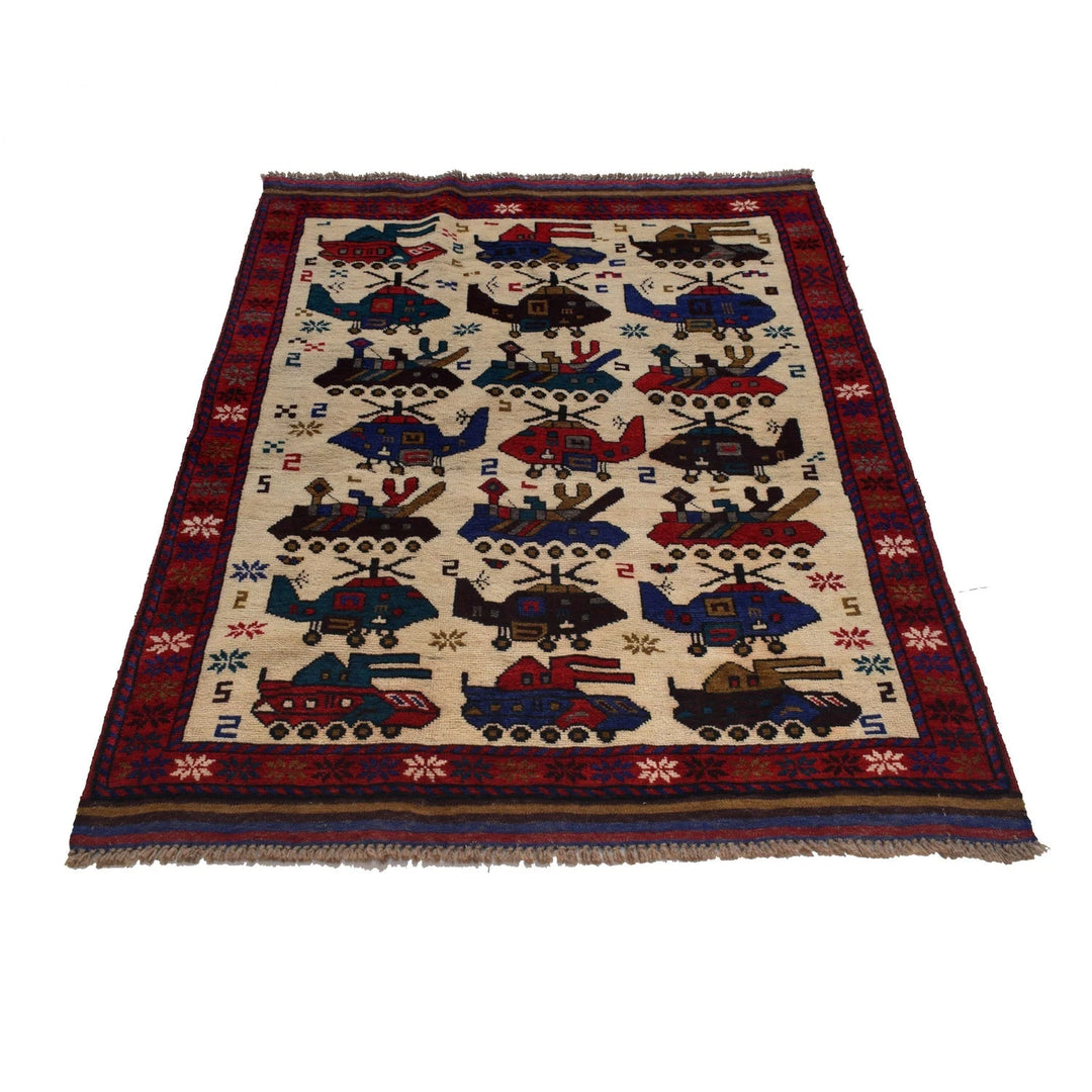 Ivory Afghan War Rug 3' 7" x 4' 10" Hand-Knotted | No. AL31346