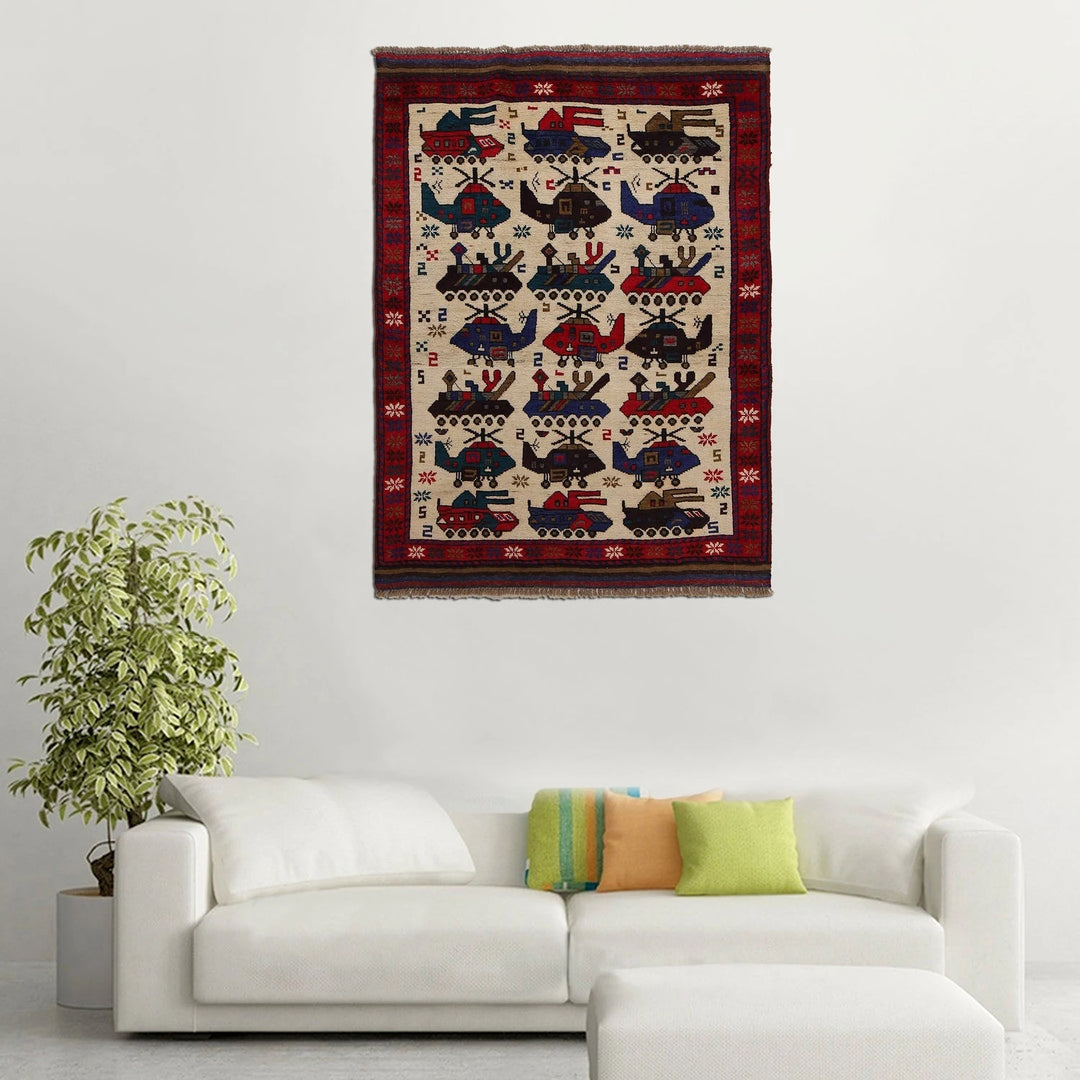 Ivory Afghan War Rug 3' 7" x 4' 10" Hand-Knotted | No. AL31346