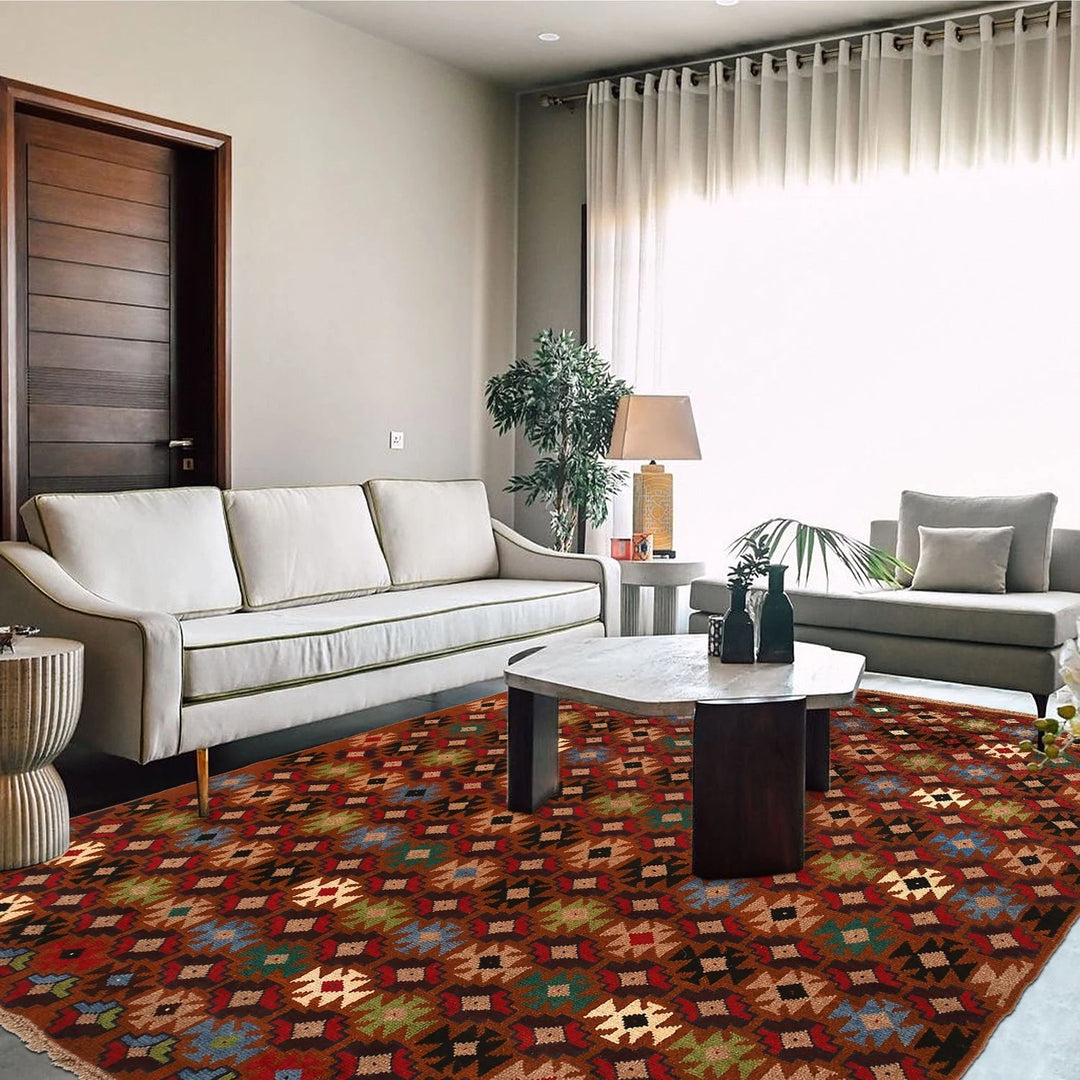 Tan Afghan Kohistani Geometric Rug 6' 0" x 7' 12" Hand-Knotted | No. AL31609