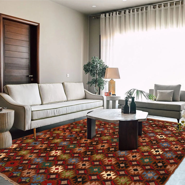 Tan Afghan Kohistani Geometric Rug 6' 0" x 7' 12" Hand-Knotted | No. AL31609