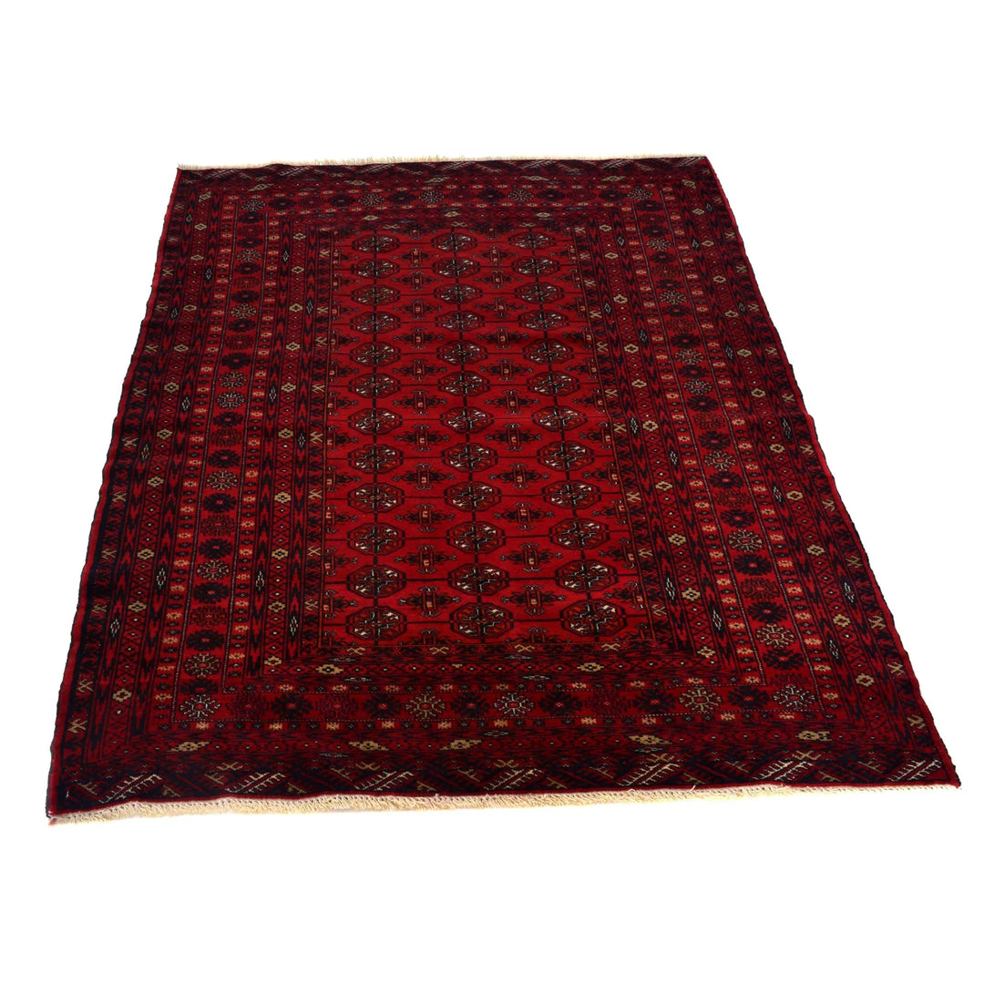 Red Afghan Bokhara Rug 4' 1" x 5' 4" Hand-Knotted | No. AL31759