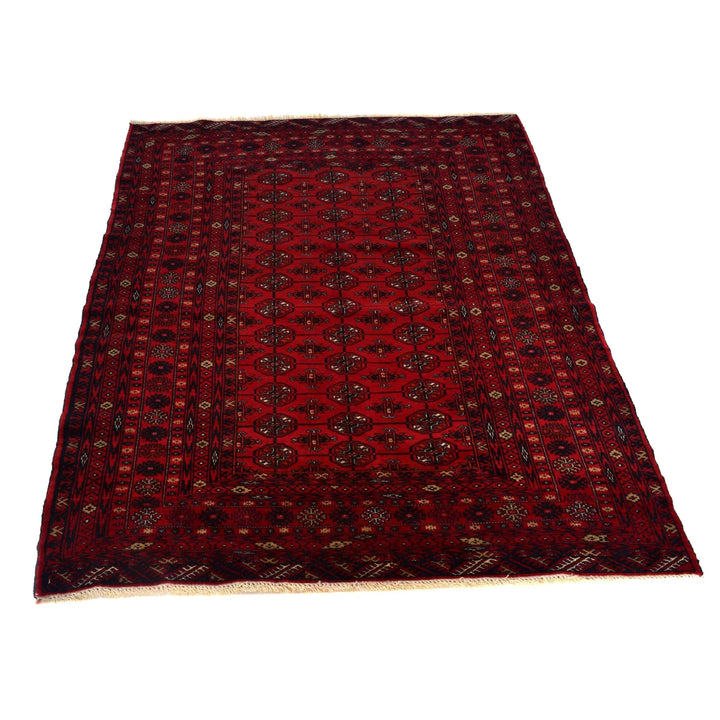 Red Afghan Bokhara Rug 4' 1" x 5' 4" Hand-Knotted | No. AL31759