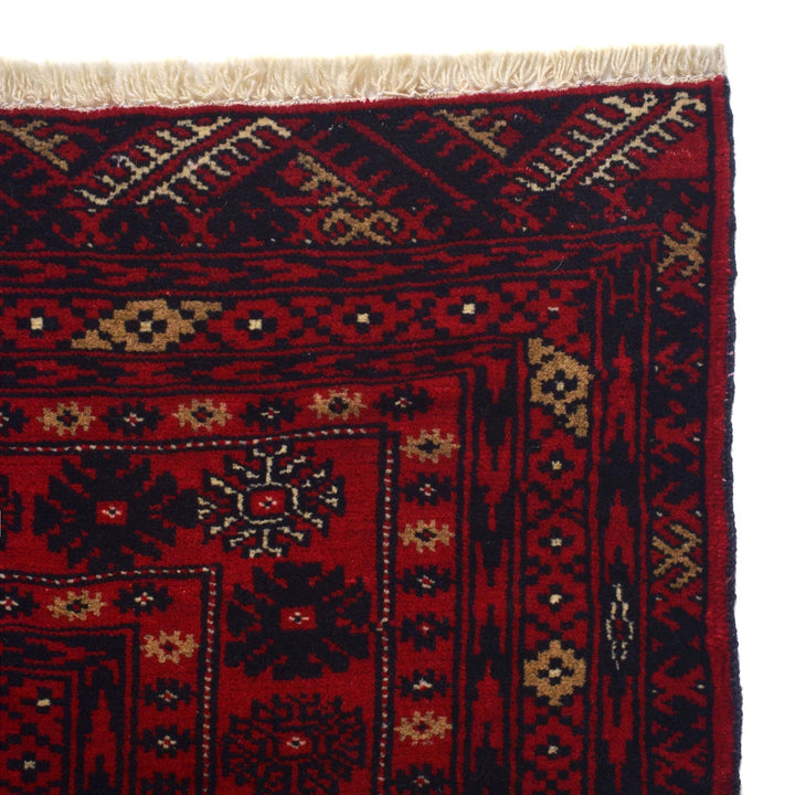 Red Afghan Bokhara Rug 4' 1" x 5' 4" Hand-Knotted | No. AL31759