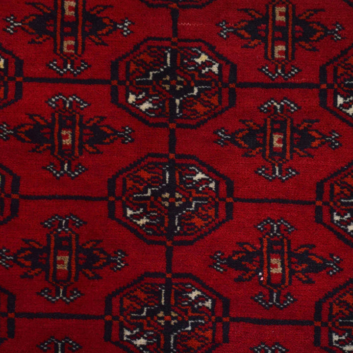 Red Afghan Bokhara Rug 4' 1" x 5' 4" Hand-Knotted | No. AL31759