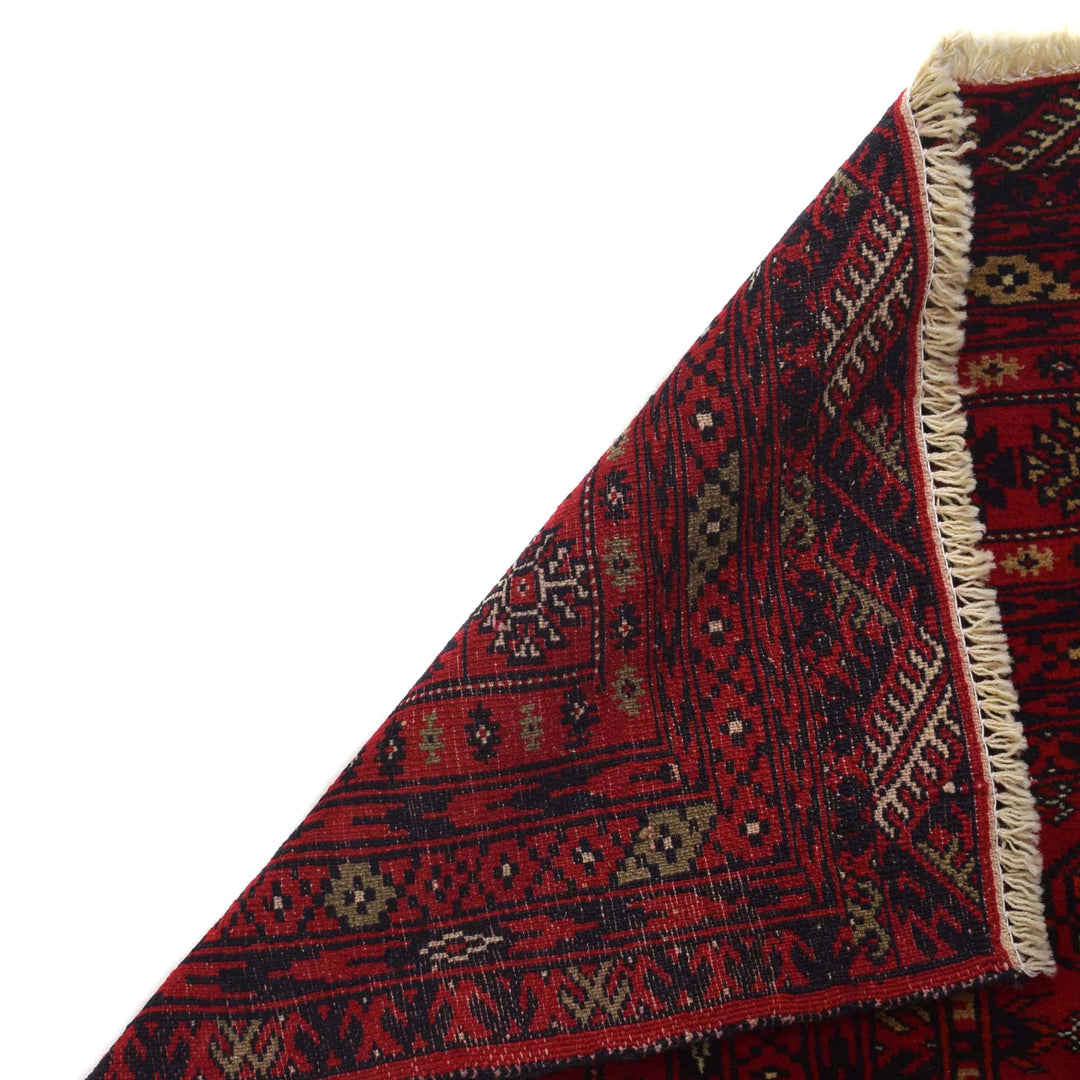 Red Afghan Bokhara Rug 4' 1" x 5' 4" Hand-Knotted | No. AL31759