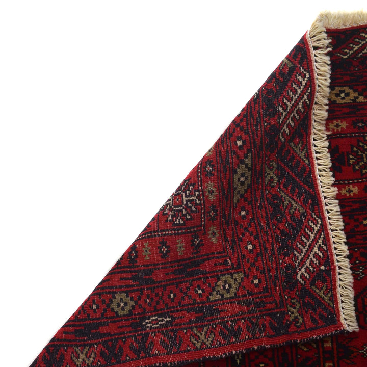 Red Afghan Bokhara Rug 4' 1" x 5' 4" Hand-Knotted | No. AL31759