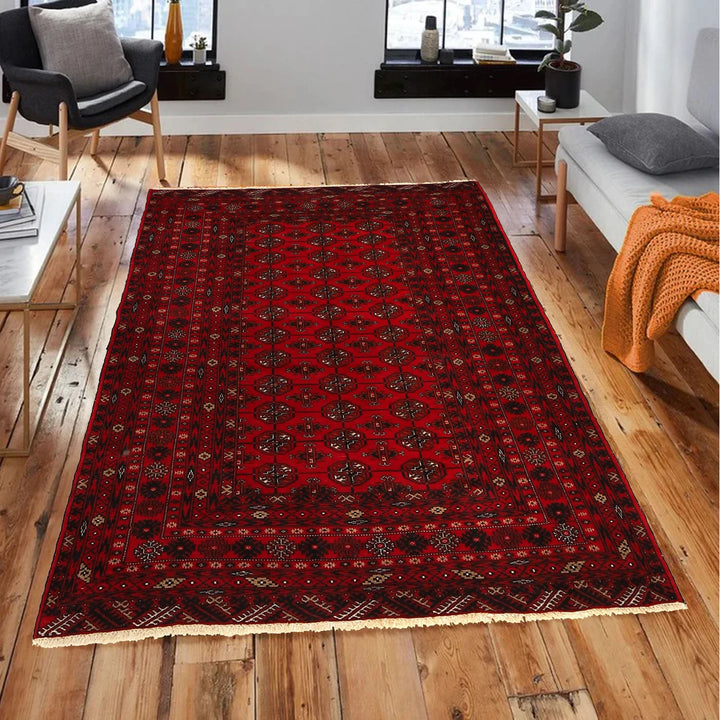 Red Afghan Bokhara Rug 4' 1" x 5' 4" Hand-Knotted | No. AL31759