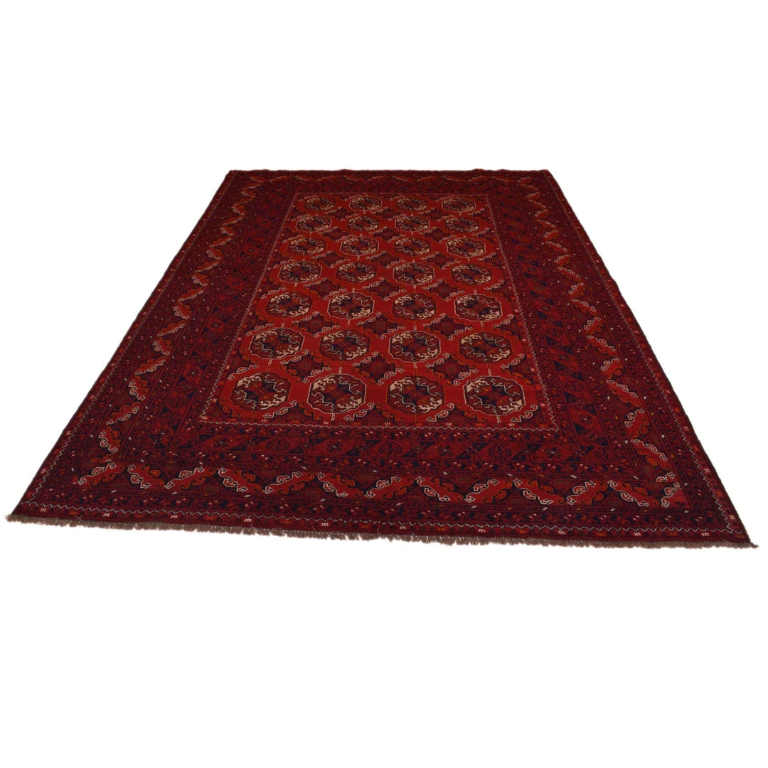 Red Afghan Bokhara Rug 6' 4" x 9' 6" Hand-Knotted | No. AL31763