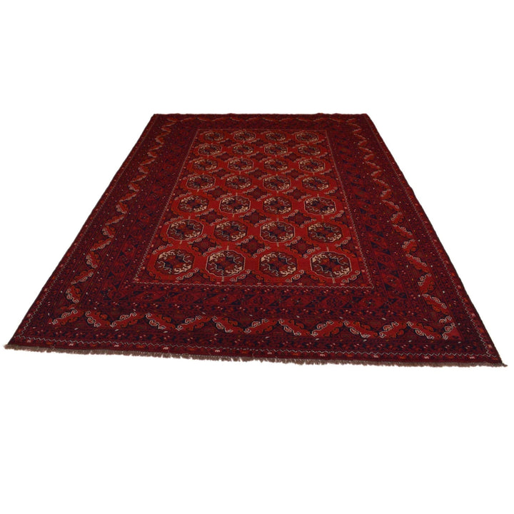 Red Afghan Bokhara Rug 6' 4" x 9' 6" Hand-Knotted | No. AL31763