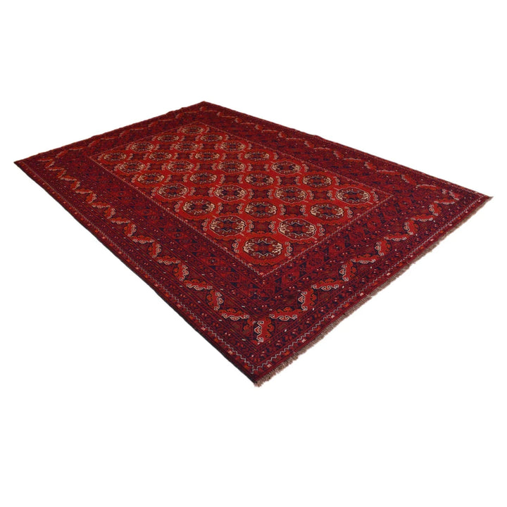 Red Afghan Bokhara Rug 6' 4" x 9' 6" Hand-Knotted | No. AL31763
