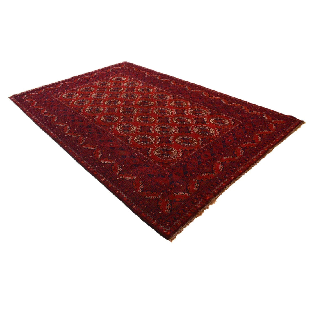 Red Afghan Bokhara Rug 6' 4" x 9' 6" Hand-Knotted | No. AL31763