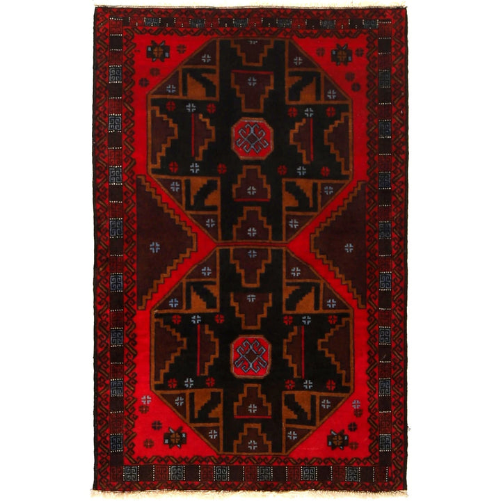 Red Afghan Baluchi Rug 3' 0" x 4' 5" Hand-Knotted | No. AL32122