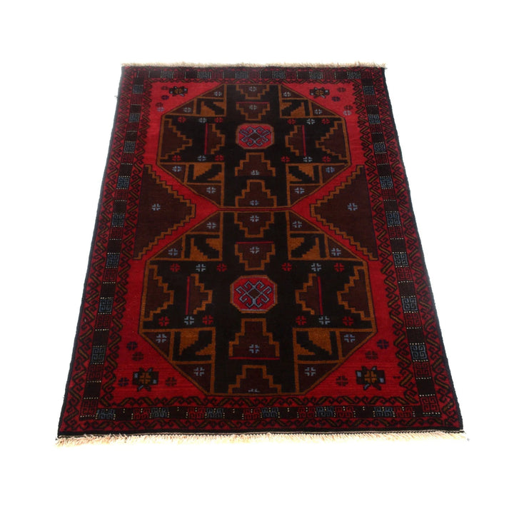 Red Afghan Baluchi Rug 3' 0" x 4' 5" Hand-Knotted | No. AL32122