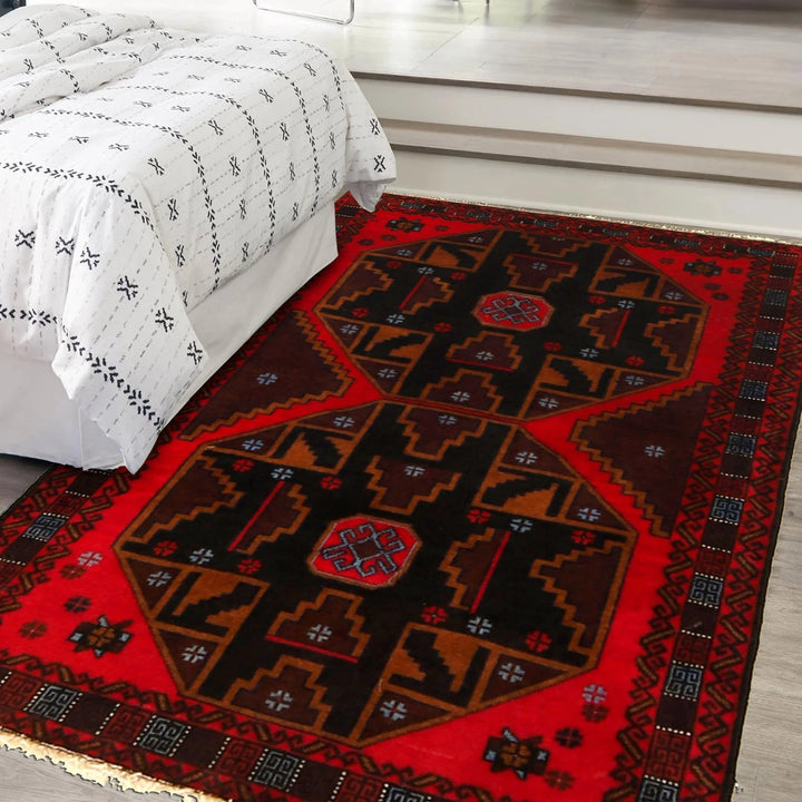 Red Afghan Baluchi Rug 3' 0" x 4' 5" Hand-Knotted | No. AL32122