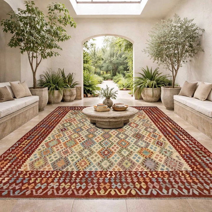 Multicolor Afghan Vegetable Kilim Rug 10' 4" x 12' 7" Flat-Weave | No. AL321361