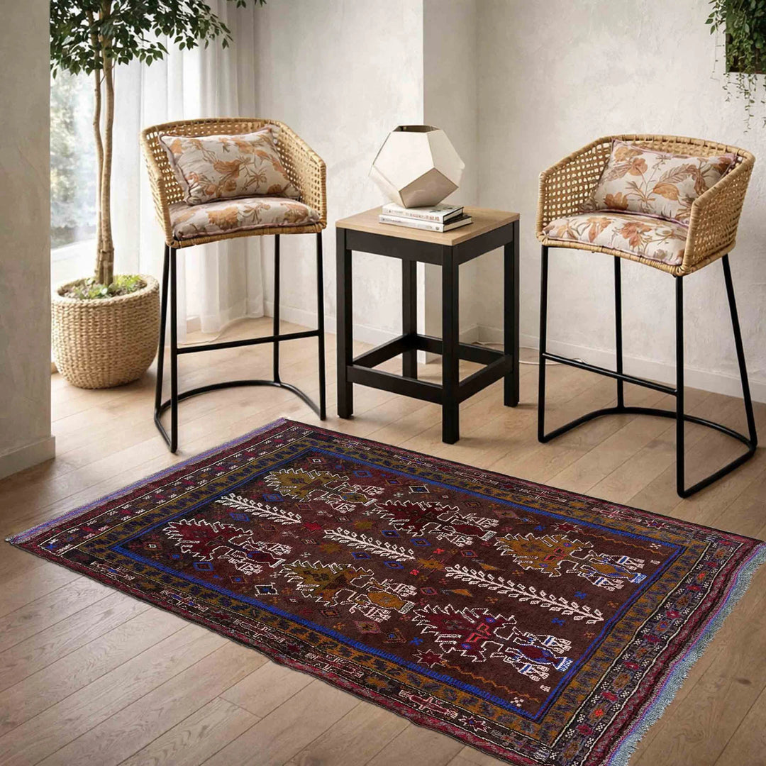 Afghan Baluchi Rug 3' 2" x 4' 5" Hand-Knotted | No. AL32222